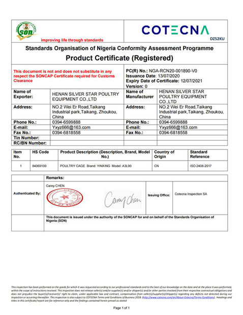 Porcelana Henan Silver Star Poultry Equipment Co.,LTD certificaciones